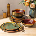 GBHOME Stoneware Dinnerware Sets for 4, 12 Pieces Rustic Earthenware Plates and Bowls Set, Handmade Reactive Glaze Ceramic Plate Sets, Chip Resistant Dishes, Microwave & Dishwasher Safe, Brown Green