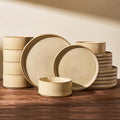 Stoneware Plates and Bowls Dishes Sets Service for 6 (18-Piece), Famiware Premium Handcrafted Reactive Glaze Dinnerware Set with Raised Rim, Scratch Resistant, Microwave Dishwasher Safe, Cream