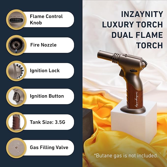 Dual Flame Butane Torch - Refillable Handheld Blow Torch for Cooking, Soldering, & Resin Art w/Adjustable Flame & Ignition Lock - Kitchen Blow Torch & Luxurious Gift Box by inZaynity® - Brown Steel