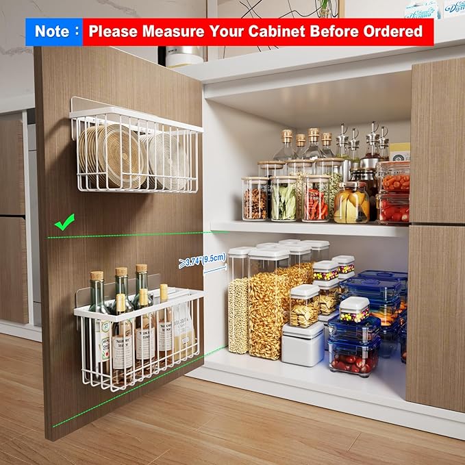 Mustorn 2 Pack Pull Out Cabinet Organizer, Expandable Depth(16.5"-21.8) Slide Out Drawer & 4 Pack Tupperware and Tumbler Lid Organizer for Cabinet, Adhesive Cabinet Door Organizer(White)
