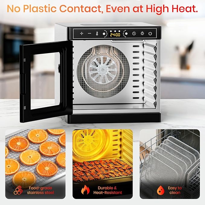 Food Dehydrator, 8 Stainless Steel Trays Food Dryer with Visible Skylight and Built-in Lighting, 195°F Dehydrated Dryer for Jerky, Pet Treats, Herbs, Meat, Fruit and Yogurt, Silver