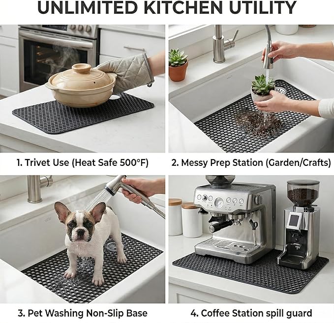 Silicone Sink Protectors for Kitchen - Non-Slip Heat Resistant Grid Mat for Farmhouse Porcelain Stainless Steel, Protects & Cushions Your Sink(Black 1PCS, 28.5"x14.5" Right-Side Drain)