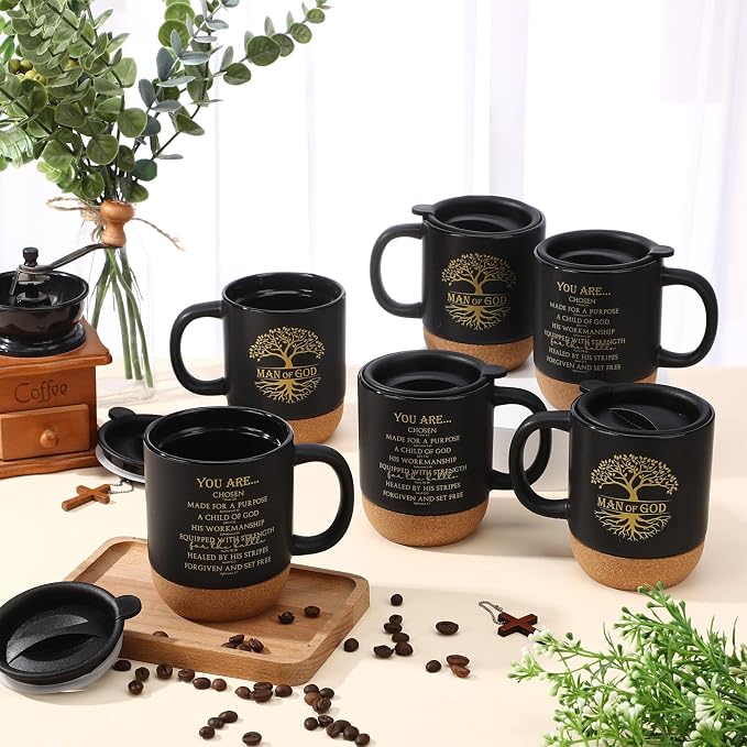 Didaey 6 Pcs Man of God Gifts for Men Christian Mugs Bulk with Cork Bottom 15 oz Bible Verses Cup Ceramic Religious Coffee Mug Thank You Gift for Father Dad Grandpa Church Christmas (Black)