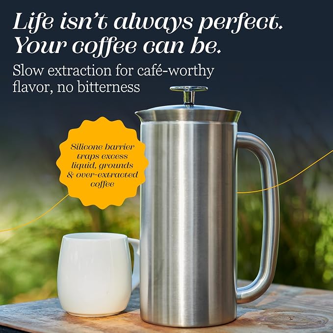 ESPRO Pro P7 Brushed Stainless Steel French Press 304 – Patented Double Walled Micro-Filter Insulated French Press Coffee Maker, Grit-Free Brew - Heat Resistant BPA Free - 18oz