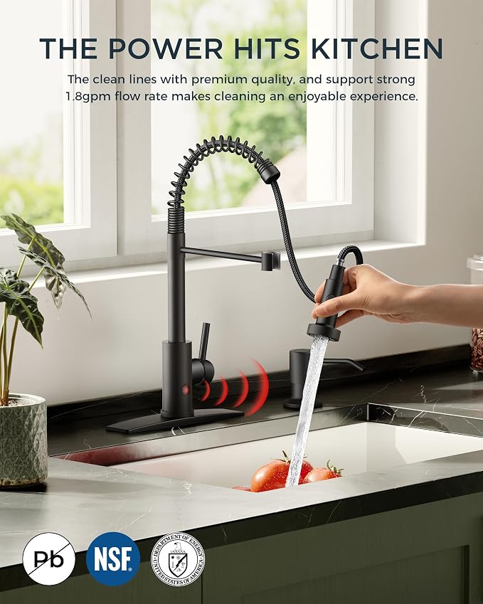 FORIOUS Touchless Kitchen Faucet Black, Smart Motion Sensor Spring Sink Faucet with Pull Down Sprayer Commercial Contemporary Hands-Free for Pot Filler, Farmhouse Camper Laundry Camper