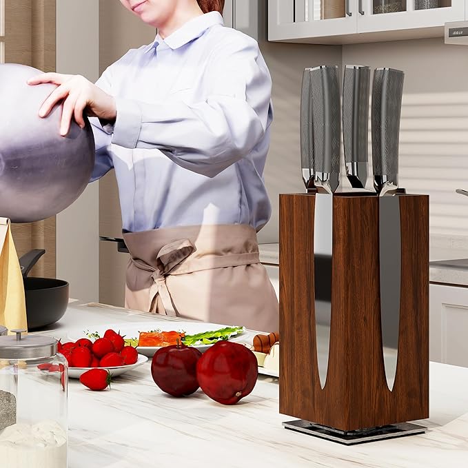 Brosisincorp 360° Rotating Magnetic Knife Block without Knives - Universal Holder for Counter Top with Removable Bristles, Acacia Wood