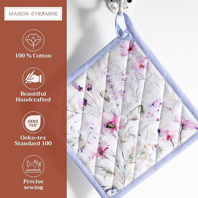 Maison d' Hermine Pot Holders 100% Cotton Heat Resistant Potholders 8" x 8" Hot Pads with Loop BBQ Cooking Baking Gifts for Mothers Day Handling Hot Pans Spring/Summer (Pack of 1, Summer Floral)