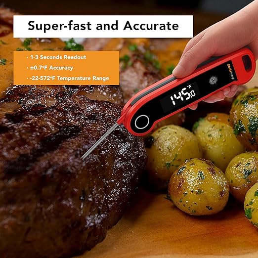 ChefsTemp Digital Instant Read Meat Thermometer, NSF Certified IP67 Waterproof Digital Food Thermometerwith Ambidextrous Backlit for Grilling, Food, BBQ, Kitchen Cooking, Oil Deep Frying & Candy (Red)