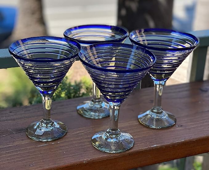 Mexican Hand Blown Glass – Set of 4 Hand Blown Modern Margarita Glasses - Blue Spiral (12 oz)