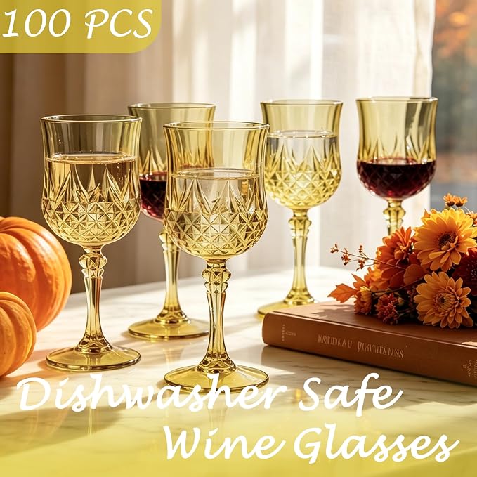 Plastic Wine Glasses, Plastic Goblets Vintage Style Cordial Unbreakable Drinking Glasses, Reusable Drinkware for Wedding Reception, Grand Event Party Supplies (100, Gold)