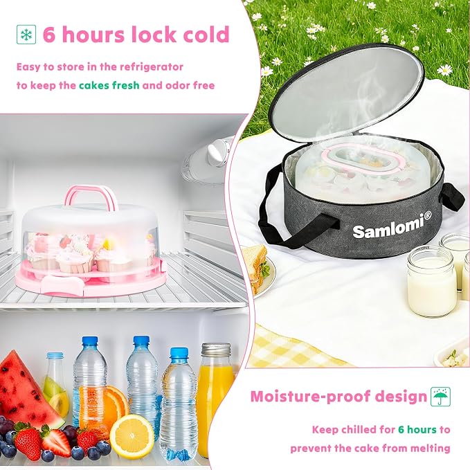 Cake Carrier, Cake Stand with Lid, Bpa-Free Cake Holder with Lid for 10 Inch Round Cake Carrier with 10 pcs Round Golden Cake Boards and Portable Insulated Bag & Two Boxes of Cupcake Paper Liners