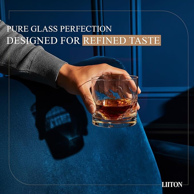 LIITON Grand Canyon Heavy Crystal Whiskey Glasses Gift Set of 4, Thick Freezable Bourbon Glass 1lb Each, Premium Whiskey Gifts for Men, Frozen Crystal Chills Cocktails, 10 oz