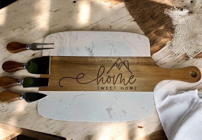 Personalized Marble Charcuterie Board with Serving Tools - New Home Gift, Unique Wedding Gift, Real Estate Closing Gifts - Natural Acacia Engraved Charcuterie Board (Closing Gift)