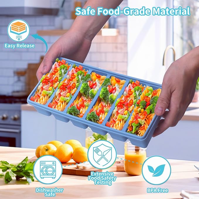 1/2-Cup & 2 Tbsp Silicone Freezer Molds - For meal prep & freezing of various sauces and other dishes,Perfect for Storing Garlic, Herbs, Ginger, Pesto - Silicone Food Freezer Tray (Blue 4 Pack)