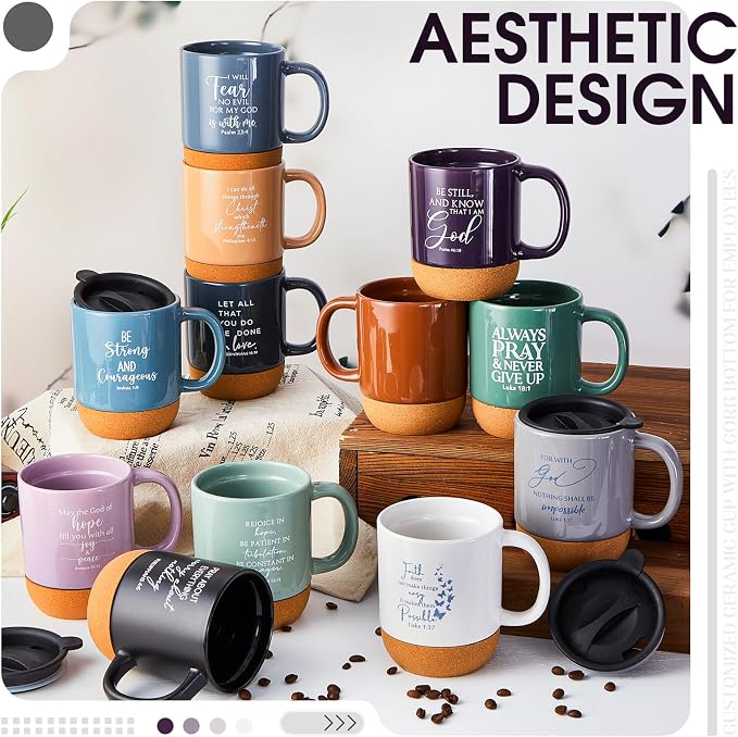 FillTouch 12 Pcs Christian Mug Gifts Bulk 15oz Religious Cup Cork Bottom Coffee Mug with Verse Inspirational Gift for Women Men Pastor Church Group Bible Study Member(Multicolor,Bible Verse)