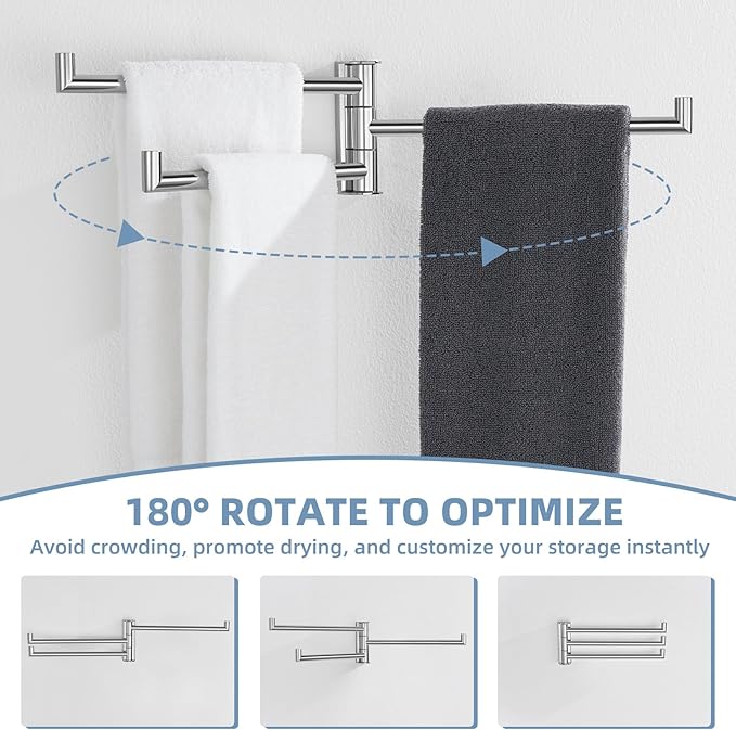 Aomasi Swivel Towel Rack for Bathroom, 304 Stainless Steel Wall Mounted Rotating Towel Holder with 3 Arms, Space Saving & Heavy Duty, Polished Chrome
