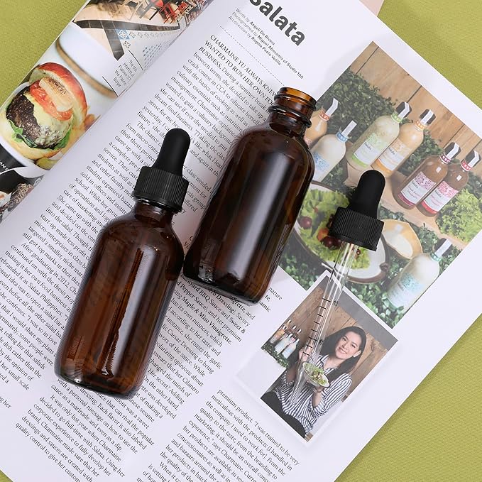 NOOEEISS 24 Pack, 2oz Glass Dropper Bottle, Preety Texture Tincture Bottles with Precise Scales Eye Droppe, for All Kinds Of Mixed Liquids,Leak-Proof Design for Easy Travel (Amber)