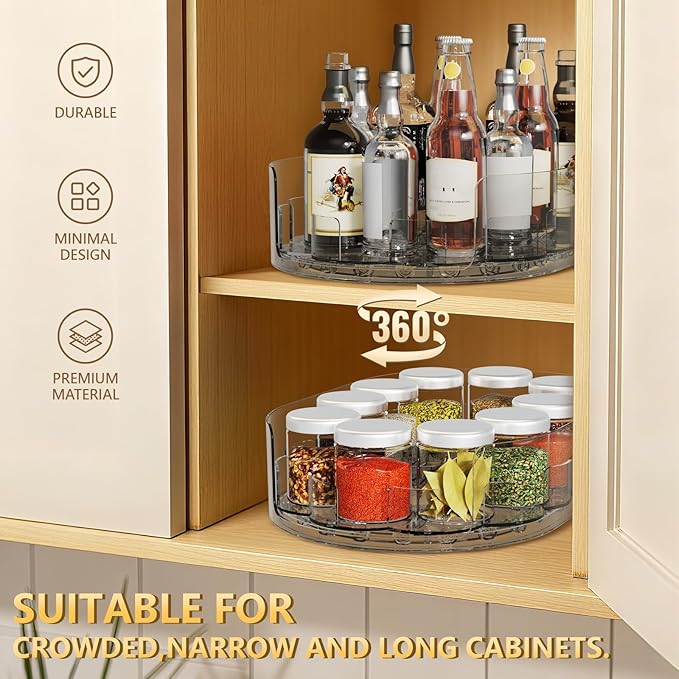 Lazy Susan Organizer for Refrigerator, 13.5'' x 8.5'' Clear Rectangular Turntable Fridge Organizer for Condiments in Refrigerator, Cabinet, Pantry, or Kitchen Countertop (2 Pack)