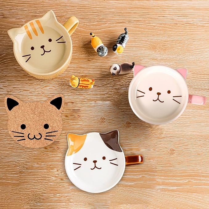 BigNoseDeer 2PCS Cute Mug Kawaii Cat Tea Cup Ceramic Coffee Mug with Lid,Tea Cups and Saucers for Dessert Cute Gifts Cat Lover Gift for Women Anime Christmas Gifts for Women 10oz (Yellow+Brown)