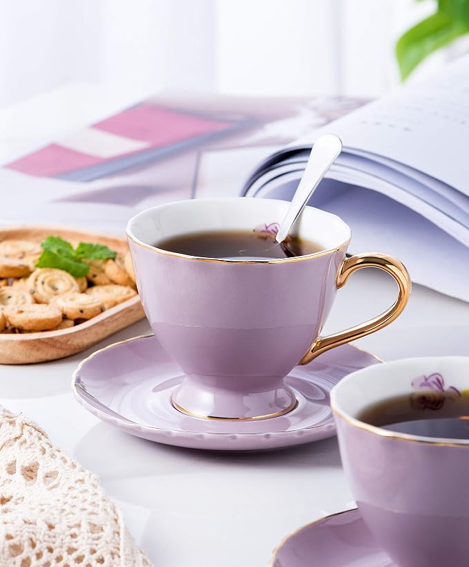 Jusalpha® Porcelain Tea Cup and Saucer Coffee Cup Set with Saucer and Spoon Set of 6 (FD-TCS02 purple (6), 7oz)