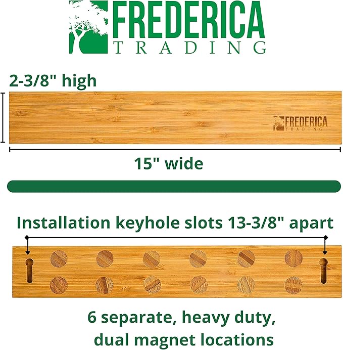 Heavy Duty 15" Bamboo Knife Magnetic Strip With 6 Dual-Magnet Zones | Wall Mounted Magnetic Knife Holder Holds 6 Knife & Tool | Wooden Magnetic Knife Rack- Mounting Hardware Included