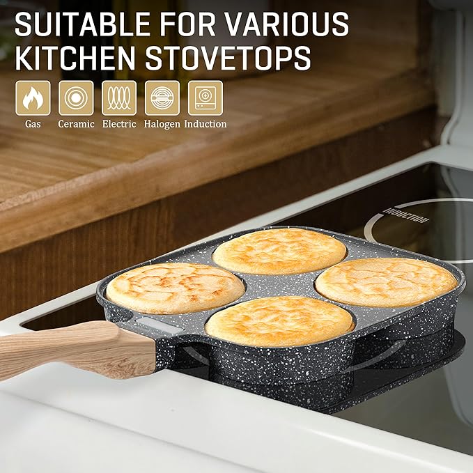 MyLifeUNIT Egg Pan, 4-Cup Egg Frying Pan with Lid, Nonstick Aluminium Alloy Egg Cooker for Breakfast, Pancake, Burger, Sandwiches, Suitable for Gas Stove & Induction Cookware