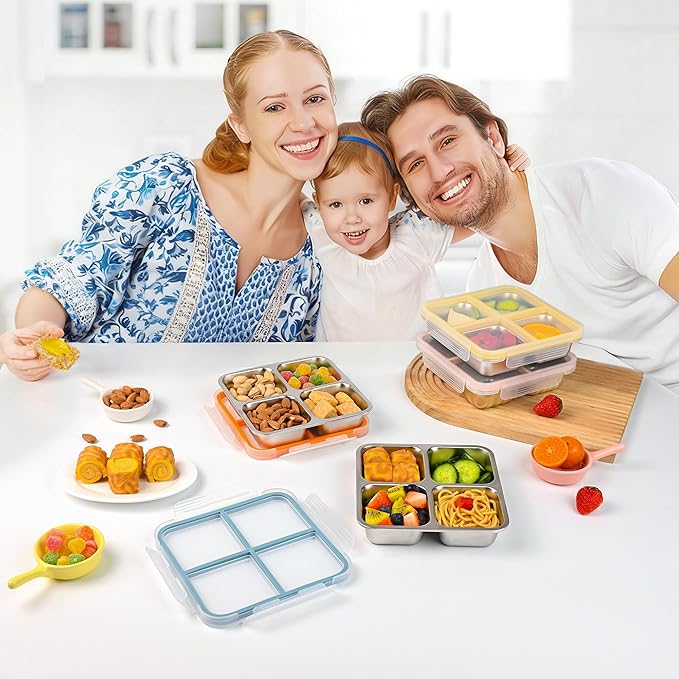 4 Pack Stainless Steel Snack Containers with Lids, 4-Compartment Leakproof Bento Snack Boxes, Reusable Dishwasher Safe Food Storage Containers for Adults, Office, Travel & Meal Prep (4pack-a)