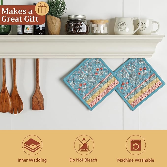 Maison d' Hermine Pot Holders 100% Cotton Heat Resistant Potholders 8" x 8" Hot Pads with Loop BBQ Cooking Baking Gifts for Mothers Day Handling Hot Pans Spring/Summer (Pack of 2, Marquise)