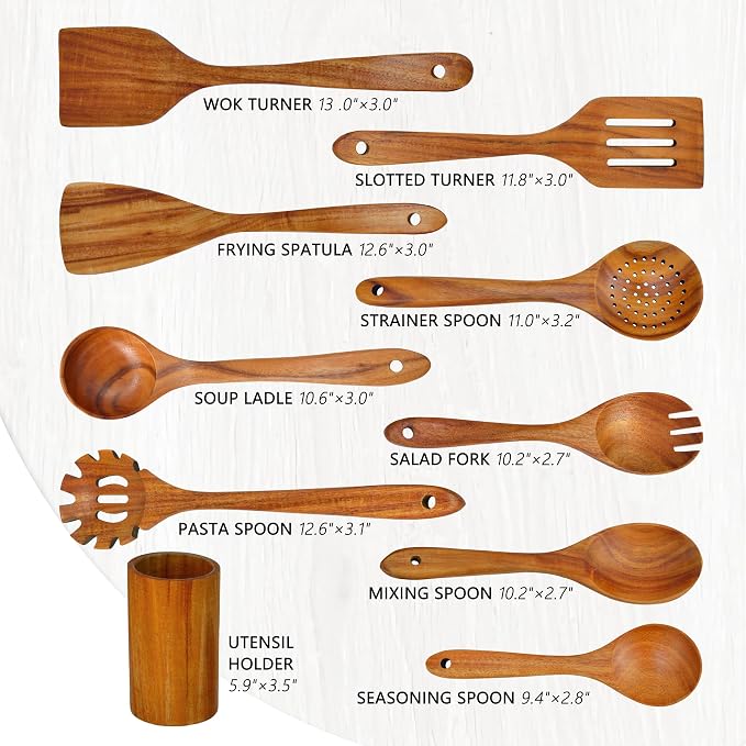 Brosisincorp Natural Teak Wood Spoons for Cooking with Holder 10 Pcs, Comfortable Grip Wooden Kitchen Utensils Set Scratch-Free Smooth Finish for Non-Stick Cookware
