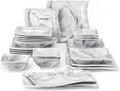 MALACASA 26-Piece Marble Grey Square Dinnerware Sets, Flora Porcelain Dinner Set for 6, Service for 6, Microwave & Dishwasher Safe, BPA, Lead & Cadmium Free