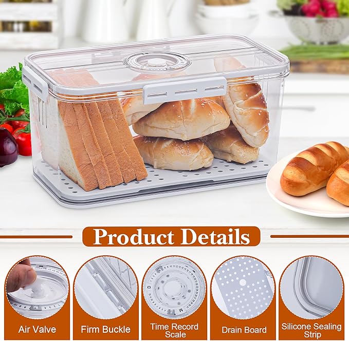 ANYPROLUS Bread Box for Homemade Bread Boxes for Kitchen Counter Airtight, Time Recording Bread Storage Container with Lid, Bread Containers Storage Airtight Loaf Bread Keeper, White
