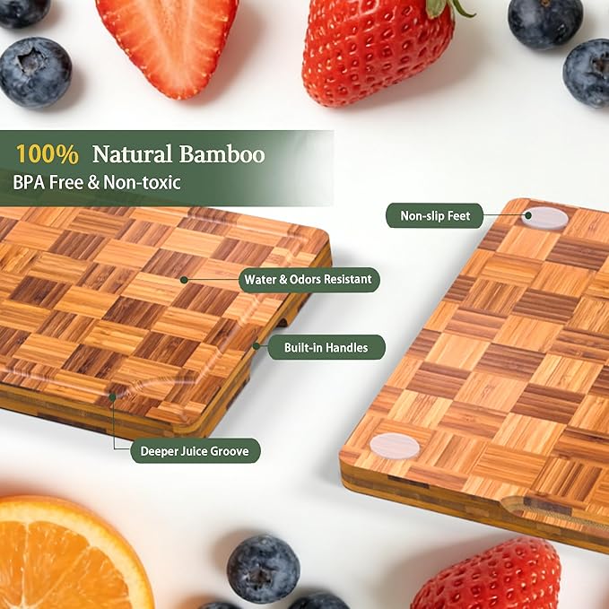 Bamboo Cutting Board Set of 3 for kitchen Checkered End Grain Chopping Boards with Storage Stand & Deeper Juice Grooves | Reversible Butcher Block for Meat, Cheese, Charcuterie & Kitchen Prep