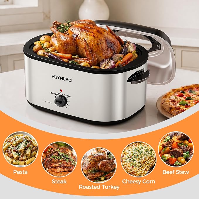 30 Quart Large Turkey Roaster with Defrost & Warm Functions, Electric Roaster Oven with Visible Self-Basting Lid, Adjustable Temperature Control, Removable Pan & Rack, Stainless Steel, Silver