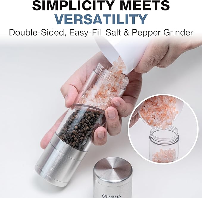 Eparé Bundle: Salt or Pepper Grinder & 2 in 1 Salt & Pepper Grinder - Battery Operated Ceramic Burr Peppermill & Space Saver Dual Mill Grinders