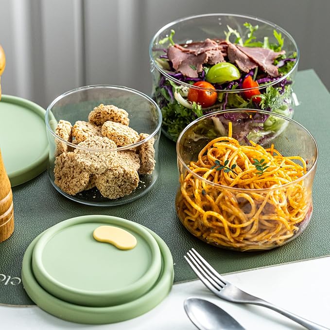 Glass Food Storage Containers Set,with Lids, Leak-Proof Meal Prep Containers,for Storage soups and leftovers - BPA Free,Microwave, Dishwasher, Freezer Safe (Green 3PCS)