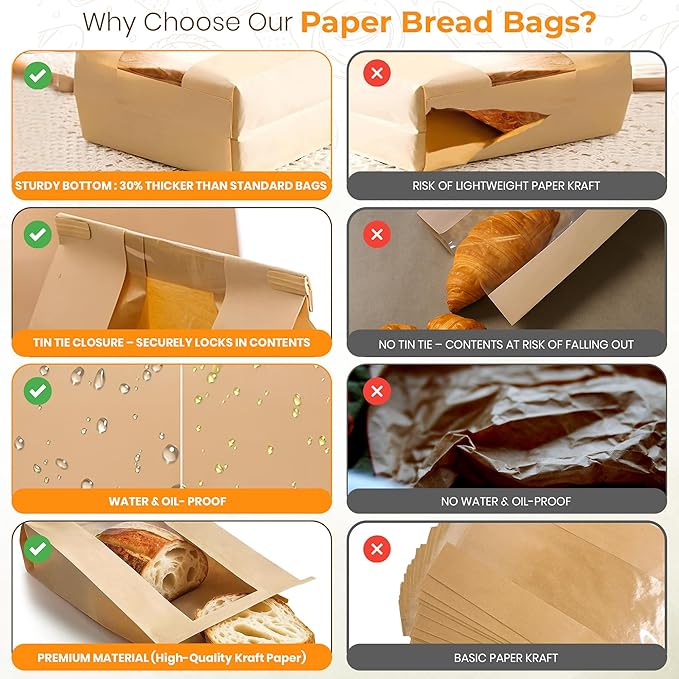100 Pack UPGRADED THICKEST Brown Paper Bread Bags for Homemade Bread Large Sourdough Bread Bags 13.7"x8.3"x3.5" with TIN TIE LOCK & Clear Window, Rigid Bakery Bags with 100 “Thank You” Seal Stickers