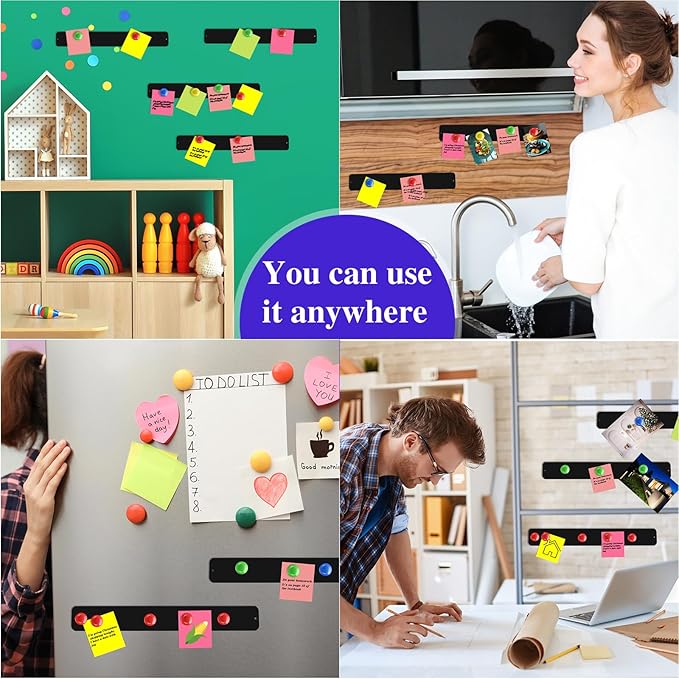 6 Pcs 15" x 2" Magnetic Display Board Souvenir Bulletin Board Strip Set with 48 Pcs Colorful Magnet for Office Home Wall Display Notes, Photos(Black)
