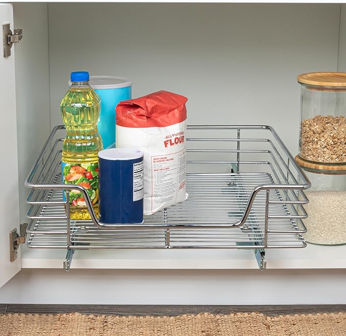 Home Decorators Collection Extra deep Sliding Organizer, 6" Hx20 Wx21 D, Chrome