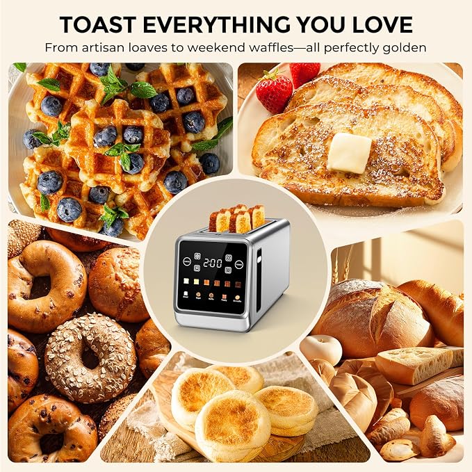 Long Slot Toaster 4 Slice with Touchscreen, 1400W Stainless Steel 2-Slot Smart Appliance Extra Wide 1.5 Inch, Single Mode BreadID Tech Timer for Bagel Waffle