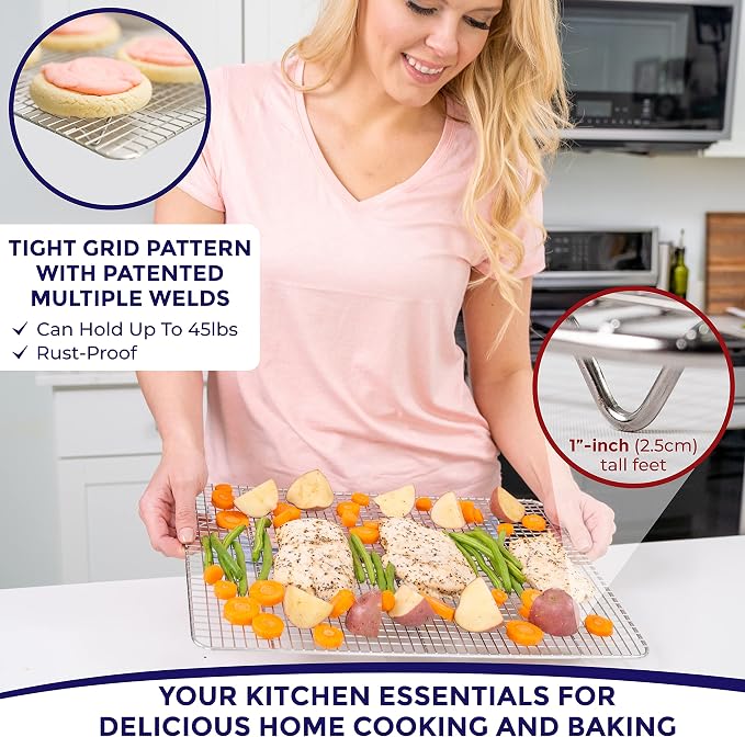 KITCHENATICS Half Sheet Cooling Rack Stainless Steel Oven Safe Set of 2 | Fits standard 13x18 half sheet pans for oven roasting, broiling, grilling, drying and baking sheet cooling