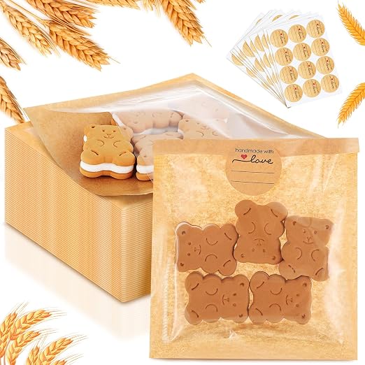 Outus 100 Pcs Cookie Packaging Bags with Seal, 5.7 x 6.5 Inch Bakery Pastry Bags with Window, Heat Sealable Grease Resistant Paper to Go Bake Sleeves for Gift Giving Donut Bread Sandwich (Brown)