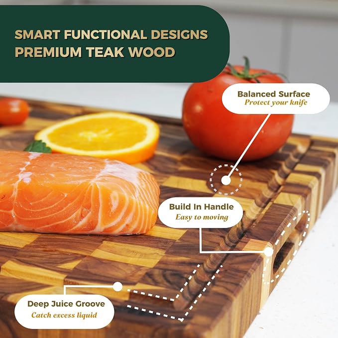Teak Cutting Board for Kitchen – End Grain 17 x 13 x 1.5 Inch Medium Butcher Block with Juice Groove & Side Handles for Meat & Meal Prep