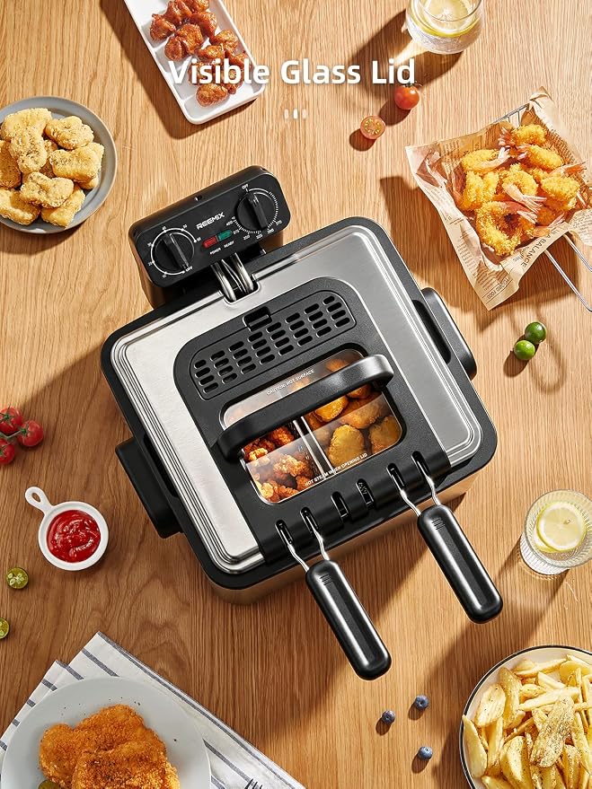 Reemix 4.5L Electric Deep Fryer with 3 Stainless Steel Baskets, 1700W, 2 x 2-Qt and 1 x 4-Qt Baskets, Viewing Window, Adjustable Timer and Temperature up to 400°F, Breakaway Cord