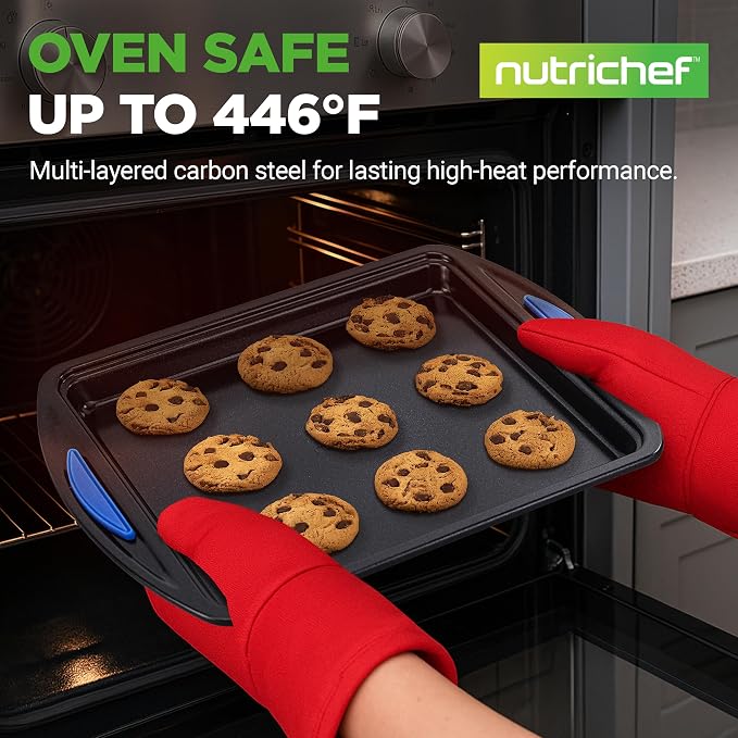 NutriChef 3-Piece Nonstick Cookie Sheets for Baking – Carbon Steel Stackable Bakeware Set w/ Silicone Handles - Non Toxic Baking Pan - Durable & Wrap Resistance, Oven Safe - Easy cleanup
