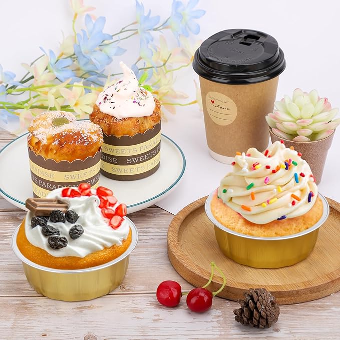 Beasea Disposable Aluminum Ramekins, 8oz 200 Pack Ramekins Foil Baking Cups 3.9" Ramekin Cup Cupcake Aluminum Mini Baking Cups for Party - Golden