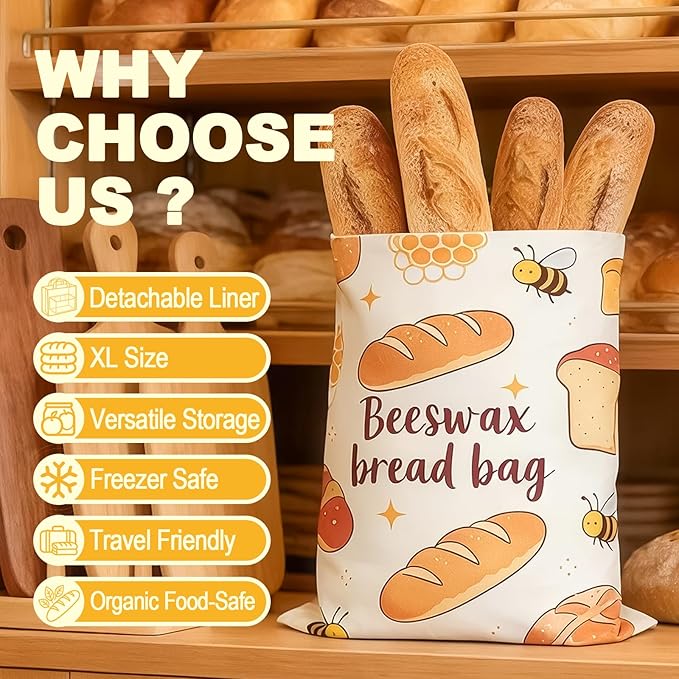 2 Pack Natural Beeswax Food Wraps, Reusable Organic Cotton Bread Bags with Honeycomb Texture, Plastic Free Storage for Sourdough, Freezer Safe, 12.6x17 Inches | Longer freshness, Food-safe contact, Self-sealing design, Plastic-free, Easy to clean, Brea...