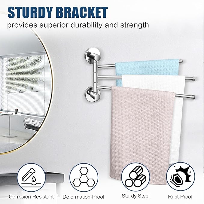 Magnetic Swivel Towel Rack, Stainless Steel 3-Arm Towel Bar, Magnetic Paper Towel Holder for Fridge,Magnetic Towel Racks for Bathroom Kitchen Organizers and Storage