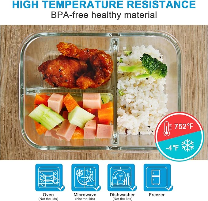 DAS TRUST [5-Packs, 36 oz Glass Meal Prep Containers 3 Compartment with Lids, Glass Lunch Containers,Food Prep Lunch Box,Bento Box,Microwave, Oven, Freezer, Dishwasher (4.5 Cups, Gray)