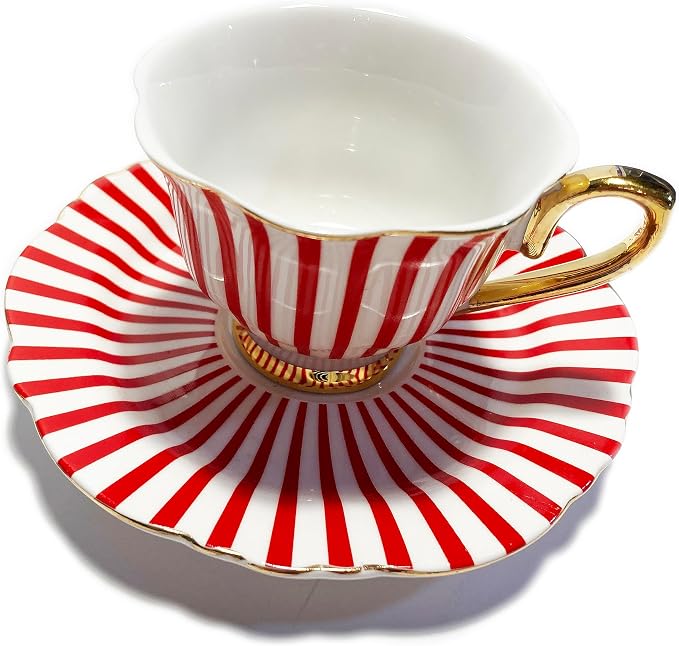 Mazeology Espresso Cups Movie Star Bone China Fluted Red & White Stripe 2 Sets Cups and Saucers with Gold Accents
