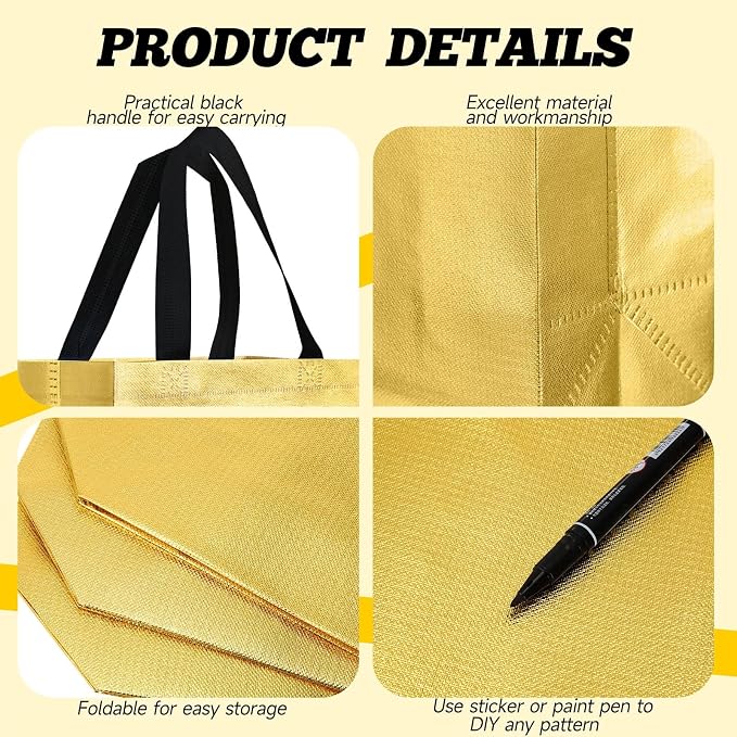 Eccliy Reusable Gift Bags Set Glossy Grocery Gift Tote Bag with Handle for Wedding, Bridal Shower, 4th of July, Summer Event(10 x 8 x 4.7 Inch,Gold with Black Handles,80 Pcs)